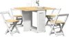A white and wood dining set with a table and four chairs, set against a white background. Produktbild-Vorschau