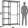 A wire shelving unit with a hanging rod, shown with dimensions and a silhouette of a person for scale. Voir les images du produit