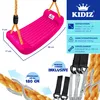 A pink swing seat with dimensions and features highlighted with text and graphics. Produktbild-Vorschau