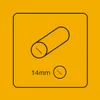 A diagram showing a cylindrical object with a line across its diameter, indicating a measurement of 14mm. A smaller circle with a similar line is shown below. Produktbild-Vorschau