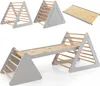 A collage of images showing a children's climbing triangle set with a slide and ramp, presented in different configurations.