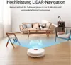 A robot vacuum cleaner mapping a living room with a sofa and accent chair. Voir les images du produit