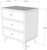 A line drawing of a white nightstand with three drawers and angled legs, with dimensions indicated by lines and text. Produktbild-Vorschau