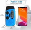 A blue hand-crank radio is shown next to a smartphone, with text indicating its pocket size and convenience. Produktbild-Vorschau