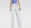 A person is shown from the back wearing white wide-leg pants and a blue top. Produktbild-Vorschau