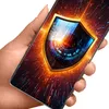 A hand holding a smartphone displaying a shield graphic with a futuristic, abstract background. Anteprima dell’immagine prodotto
