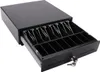 A black cash drawer with multiple compartments and coin holders, shown slightly open with a key in the lock. Anteprima dell’immagine prodotto