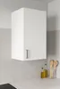 A white kitchen wall cabinet with a silver handle is mounted on a tiled wall above a countertop. Two bottles of olive oil and wooden kitchen utensils are placed on the countertop. Produktbild-Vorschau