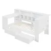 A white wooden bed frame with a built-in desk and shelving. Náhľad obrázku produktu