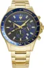 A close-up, front-facing studio shot of a gold Maserati chronograph watch with a blue dial and bezel, set against a plain white background. Produktbild-Vorschau