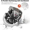 A safety helmet with its internal harness system highlighted, surrounded by graphic elements suggesting impact and material components. Produktbild-Vorschau