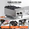 A commercial gas stove with multiple burner grates, shown on a countertop with inset images highlighting cleaning features. Anteprima dell’immagine prodotto