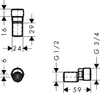 Technical drawing with dimensions and connection information for a plumbing fixture. Produktbild-Vorschau