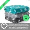 A stack of three folded pet blankets with paw print patterns in different colors, along with marketing text and eco-friendly symbols. Náhled obrázku produktu