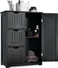 A black wooden bathroom cabinet with three drawers on the left and a door on the right, revealing shelves with toiletries and towels. Náhled obrázku produktu