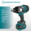 A cordless impact wrench with a battery pack, shown with product specifications listed on the left. Produktbild-Vorschau