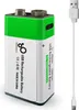 A 9V rechargeable battery with a USB charging cable. Produktbild-Vorschau