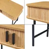 A collage of four close-up images of a wooden console table with black legs and handles. Podgląd zdjęcia produktu
