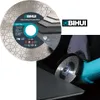 A collage showing a diamond cutting blade for hard tiles and a person using an angle grinder with the blade. Voir les images du produit