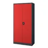 A red and gray metal cabinet with two doors and a lock. Voir les images du produit