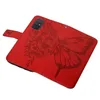 A red flip leather phone case with a butterfly and floral embossed design, shown open on a white background. Produktbild-Vorschau