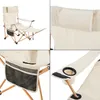 Collage of four close-up images of a beige camping chair with a footrest, showing details like the headrest, storage pockets, and cup holder. Produktbild-Vorschau