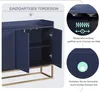 A dark blue sideboard with gold legs, showing its open doors and a close-up of its door mechanism. Náhled obrázku produktu