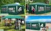 A collage of four images showing a green gazebo tent being used in different settings: outdoors with people, in a garden, at a party with a grill, and at the beach. Produktbild-Vorschau