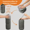 The image shows the process of rolling up a pillow into a travel bag, with icons representing different modes of transport. Produktbild-Vorschau
