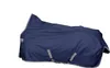 A navy blue horse blanket with silver trim and straps, lying on a white background. Produktbild-Vorschau