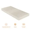 A beige mattress with a ribbed surface, shown from a diagonal angle on a white background. Below the mattress are three circular icons with accompanying text in German and English, highlighting product features. Voir les images du produit