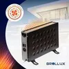 A portable electric heater is shown in front of a modern building with a circular graphic in the upper left corner. Produktbild-Vorschau