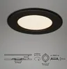 A black LED recessed light fixture with a white illuminated diffuser is shown against a light gray background. Below the fixture are technical diagrams with measurements. Produktbild-Vorschau