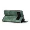 A green flip case for a smartphone is shown from a side angle, with the case open and the phone inside. Produktbild-Vorschau