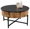 A round coffee table with a black top and a wooden base, supported by black metal legs. Produktbild-Vorschau