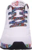 A close-up front view of a white Skechers sneaker with colorful laces and sole accents. Voir les images du produit
