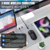 A desk setup with a laptop, monitor, tablet, and a wireless mouse on a mousepad, with instructional text overlays. Produktbild-Vorschau