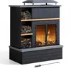 A black outdoor fireplace with wood storage on the left and a fire burning inside. Náhled obrázku produktu