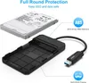 A hard drive and its external enclosure are shown, with text highlighting features like protection and material. Produktbild-Vorschau