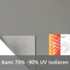 A close-up of a gray fabric with a folded corner, next to marketing graphics illustrating UV protection and an interior scene. Náhled obrázku produktu
