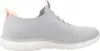 Side view of a single gray SKECHERS shoe with a pink accent on the heel. Produktbild-Vorschau