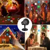 A collage of four images showcasing a snowflake projector in different settings, including children opening a gift, a party, a house exterior, and a couple dining. Produktbild-Vorschau