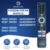 A product image showing a remote control and a list of compatible TV models, along with feature icons. Produktbild-Vorschau