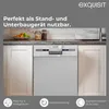 A modern dishwasher is shown integrated into kitchen cabinets. The top part of the image includes promotional text and the brand logo. The bottom part of the image features icons and text highlighting product features. Produktbild-Vorschau