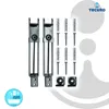 A set of mirror clips and mounting hardware, including screws and wall plugs, arranged on a white and light gray background. Produktbild-Vorschau