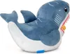 A plush toy shark with its mouth open, holding a small orange ball. Podgląd zdjęcia produktu
