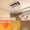 A modern LED ceiling light with a geometric design, featuring purple and white lights, displayed on a ceiling in a room. The image also includes marketing text and color spectrum comparisons. Voir les images du produit