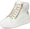 A white high-top sneaker boot with beige laces and gold accents. Produktbild-Vorschau