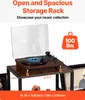 A close-up shot of a record player on a storage rack, with text overlays indicating product features and dimensions. Podgląd zdjęcia produktu