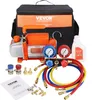 A VEVOR vacuum pump kit with accessories, including a carrying bag, pump oil, and manifold gauge set, laid out on a white background. Produktbild-Vorschau